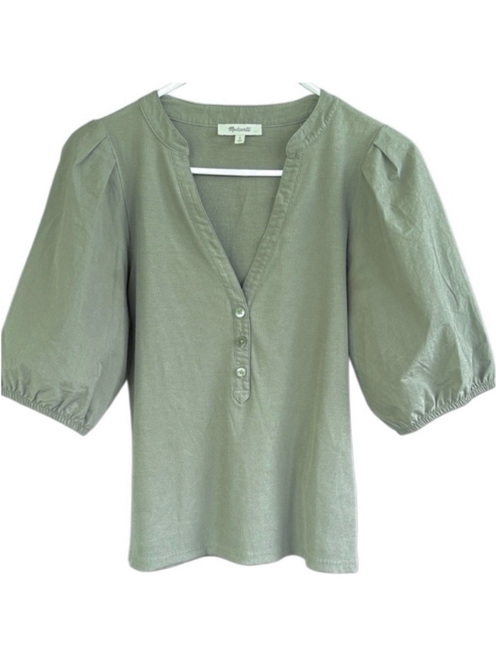Like New Madewell Puff Sleeve Henley Knit Top Faded Olive Size Medium
